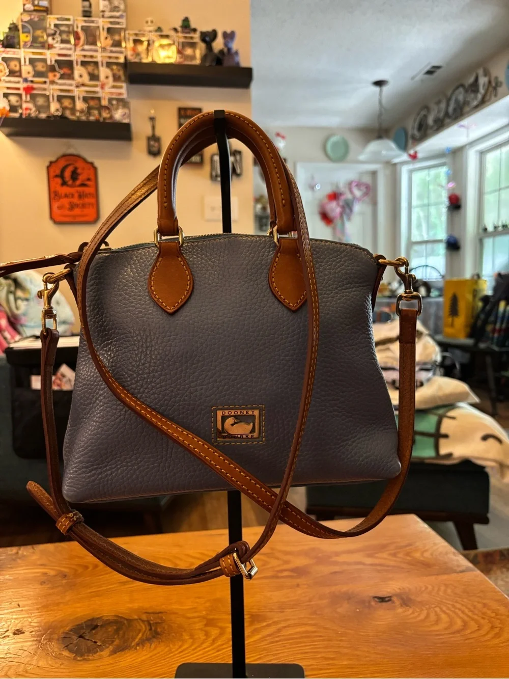 Dooney & Bourke Blue Pebbled Satchel with Tan Trim